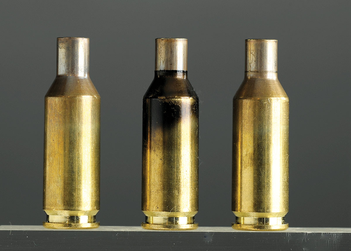 At left is a once-fired Lapua case, in the middle is a neck sized case followed by a completed case.