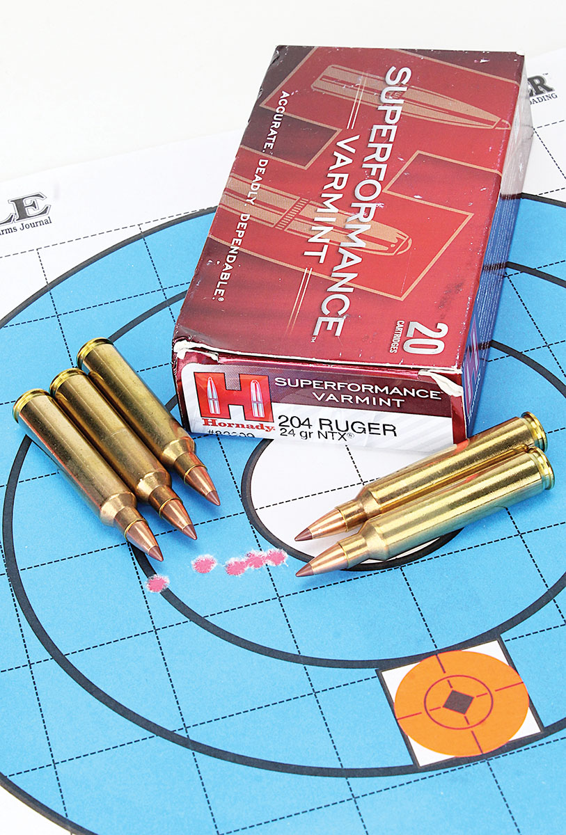 Hornady’s 24-grain NTX delivered 4,500 fps velocities in the Hawkeye’s 24-inch barrel, but strung groups about an inch horizontally.