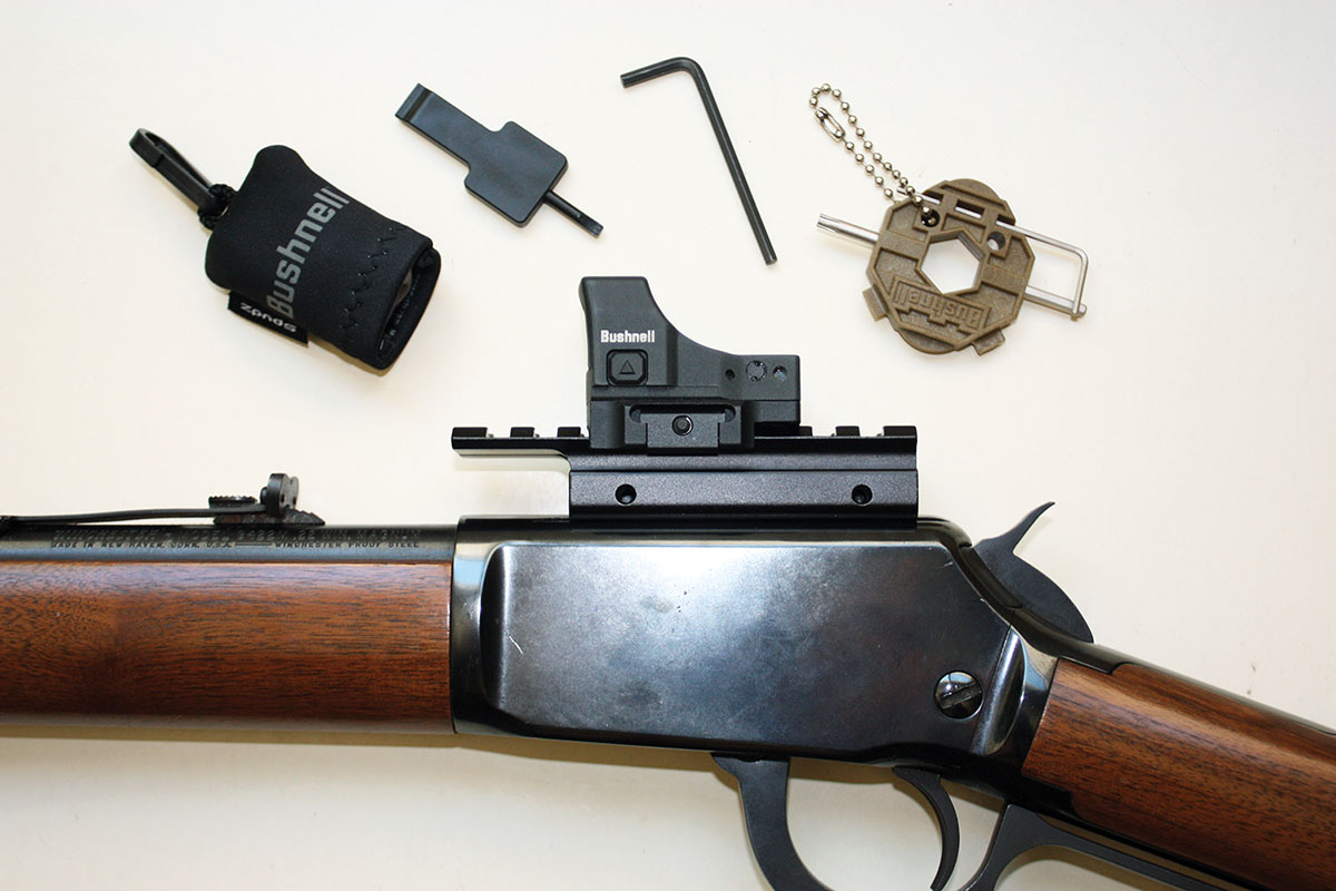 Once the Picatinny rail is trimmed to size, this is a pretty useful sight arrangement for a lever-action .22 Winchester Magnum. The accessories that come with the Bushnell sight make both installation and removal simple and quick.