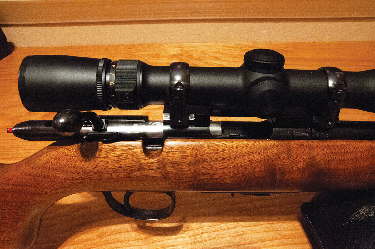 The rifle’s receiver is almost as narrow as the barrel and fits snugly in a nice walnut stock. The trigger has a 4-pound let-off.