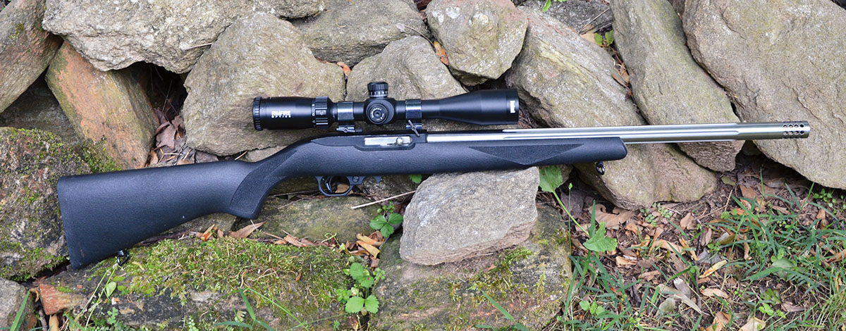 This 10/22 in .17 Mach 2 was built by Tom Volquartsen. It has a Volquartsen trigger, a match-grade barrel and a McMillan synthetic stock. The .17 Mach 2 requires a heavier breech bolt than on a 10/22 in .22 Long Rifle.