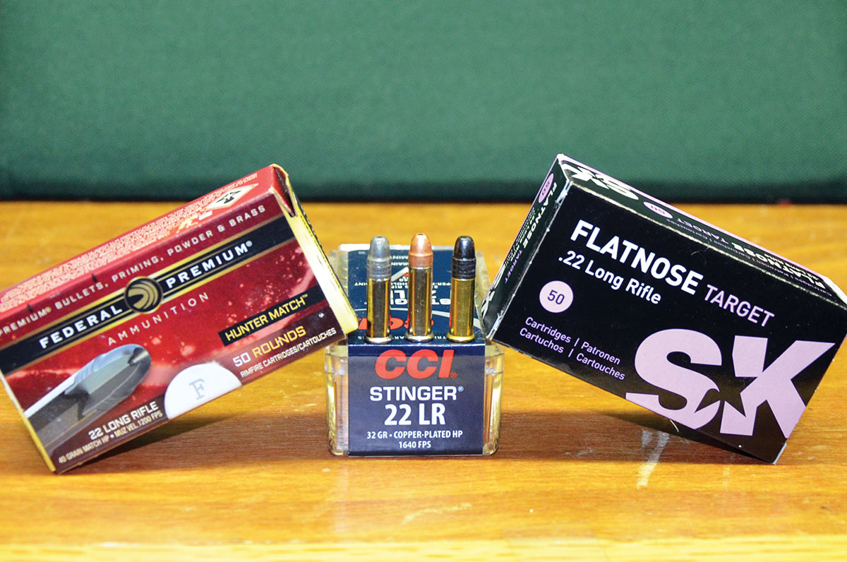 High-velocity ammunition loaded with hollowpoint bullets such as Federal Hunter Match and CCI Stinger is quite effective on varmints at reasonable distances. Standard velocity ammunition such as SK Flatnose Target is usually more accurate and also quite deadly due to the fairly large flat on the nose of its bullet.