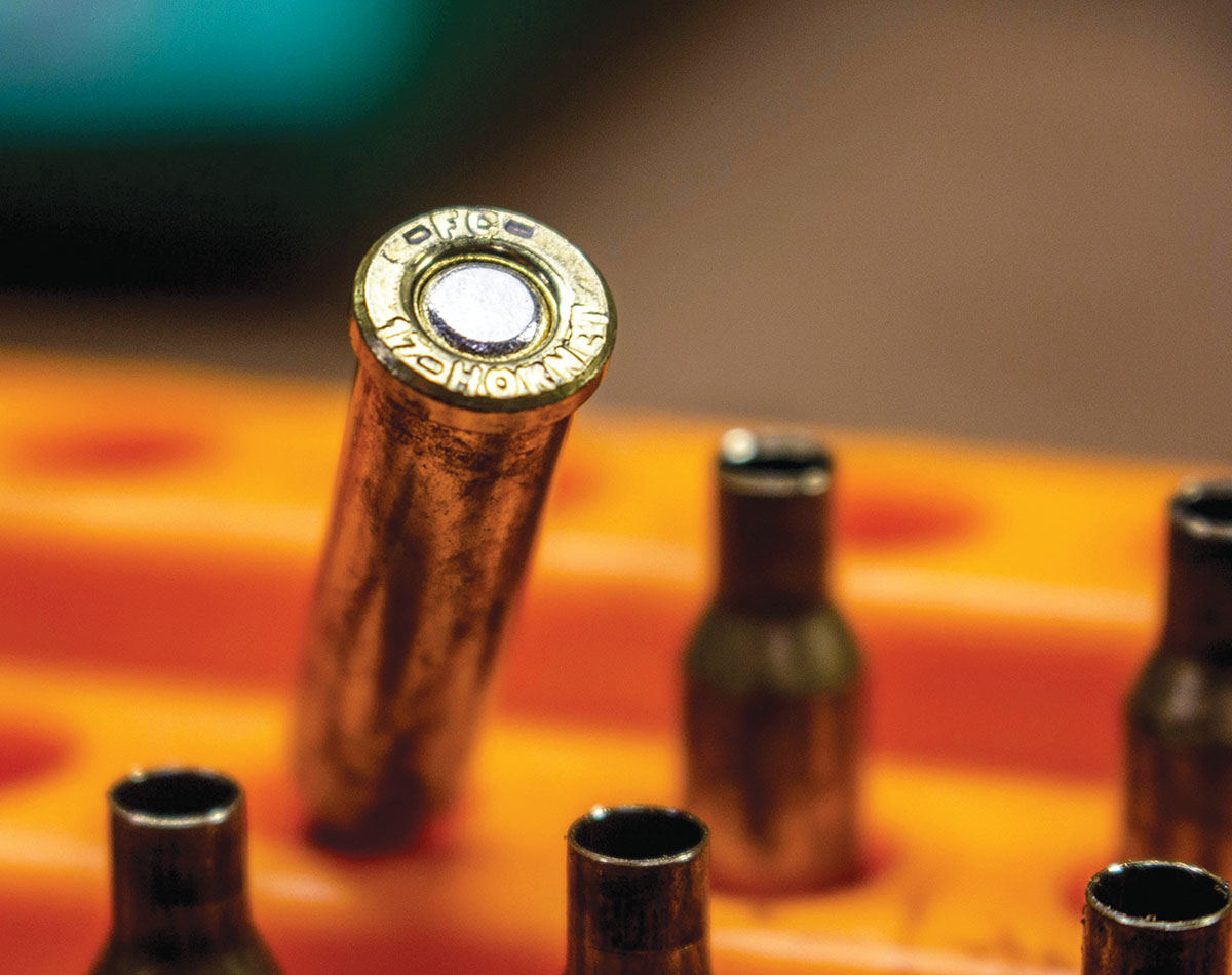 The tiny case head of the .17 Hornet is barely big enough to hold the name of the cartridge.