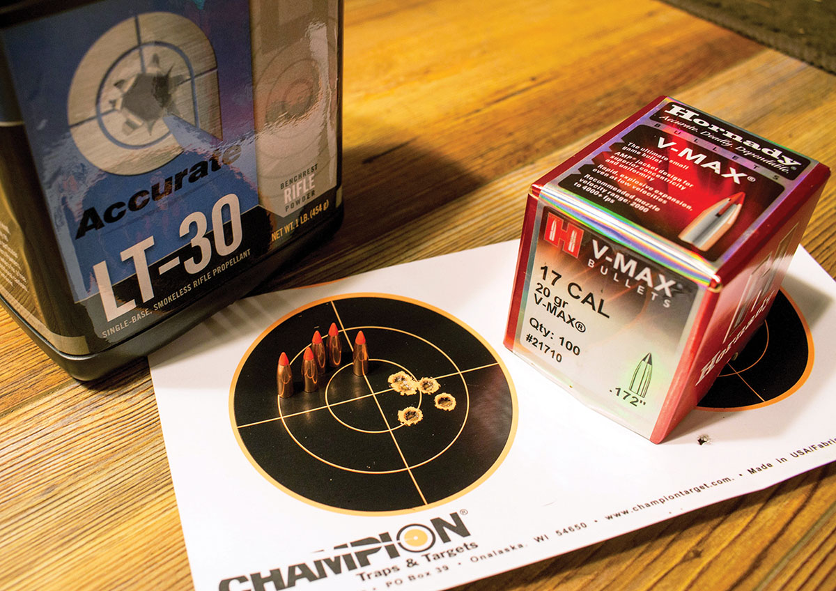 Accurate LT-30 and the Hornady 20-grain V-MAX bullets made a great combination in the .17 Hornet.