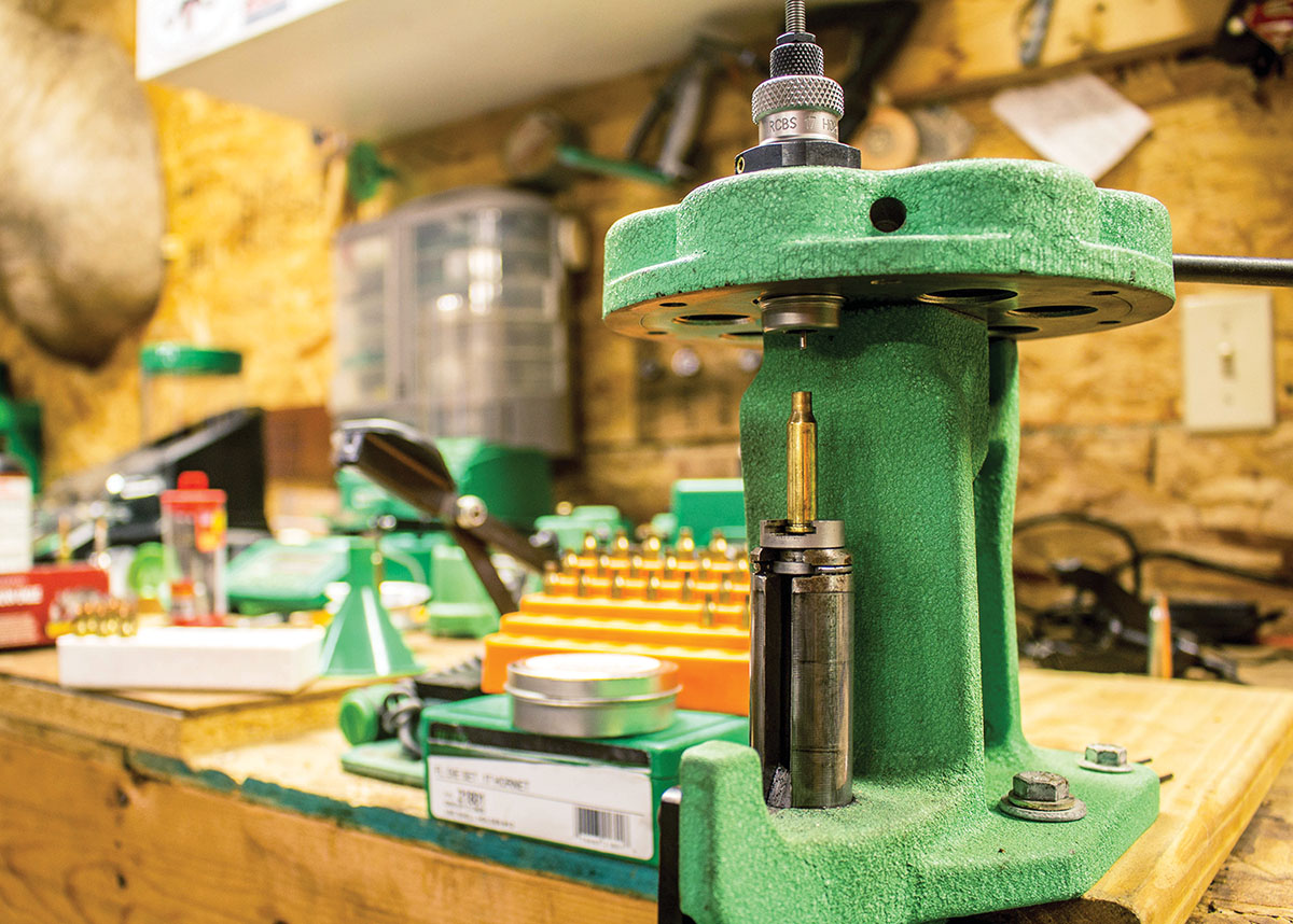 Resizing once-fired 17 Hornet cases in the Redding T7 turret press.