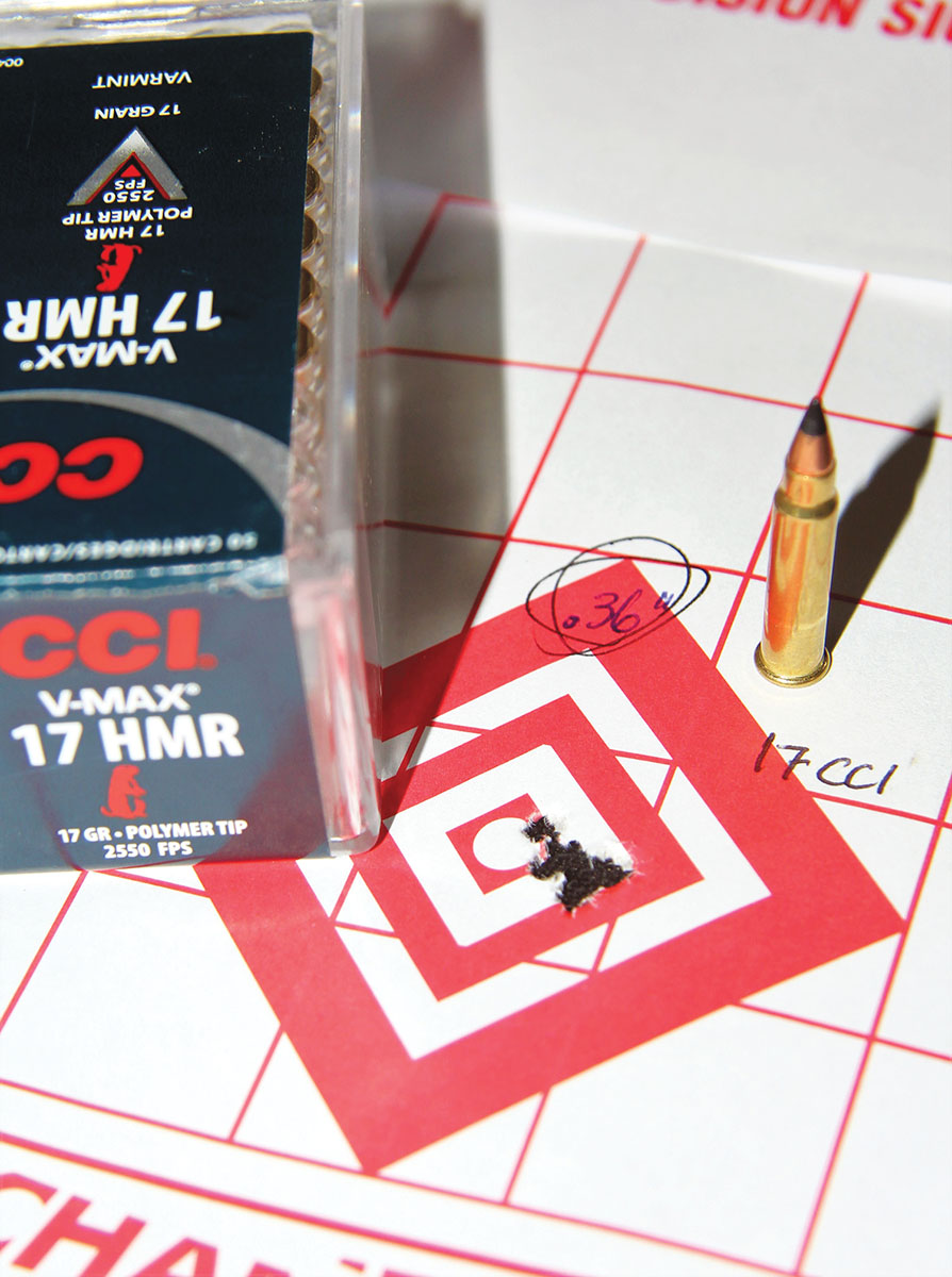 One of the best groups produced by the Anschütz 1761 rifle resulted from CCI’s 17-grain Polymer Tip Varmint ammunition shooting black-tipped V-MAX bullets. That five-shot, 100-yard group measured .36 inch.