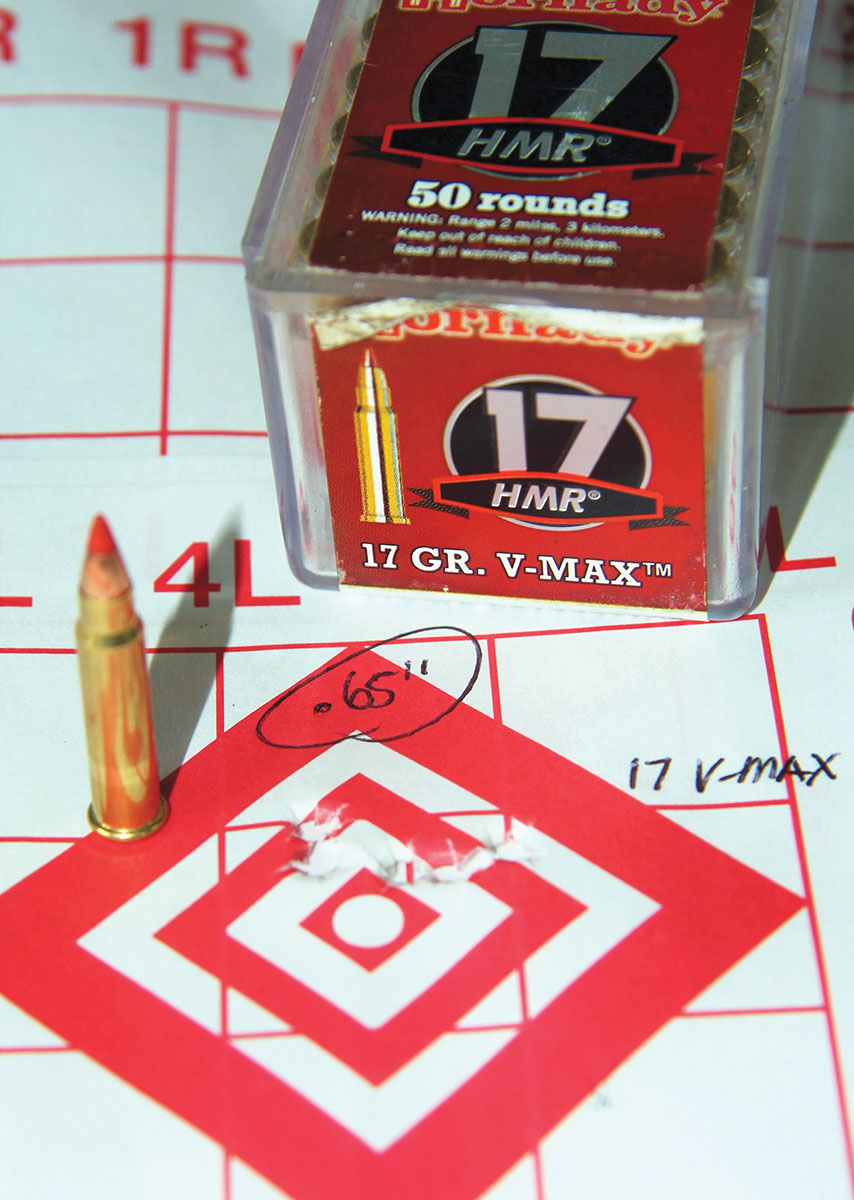 Hornady’s 17-grain V-MAX .17 HMR ammunition proved quite consistent, shooting this .65-inch group.