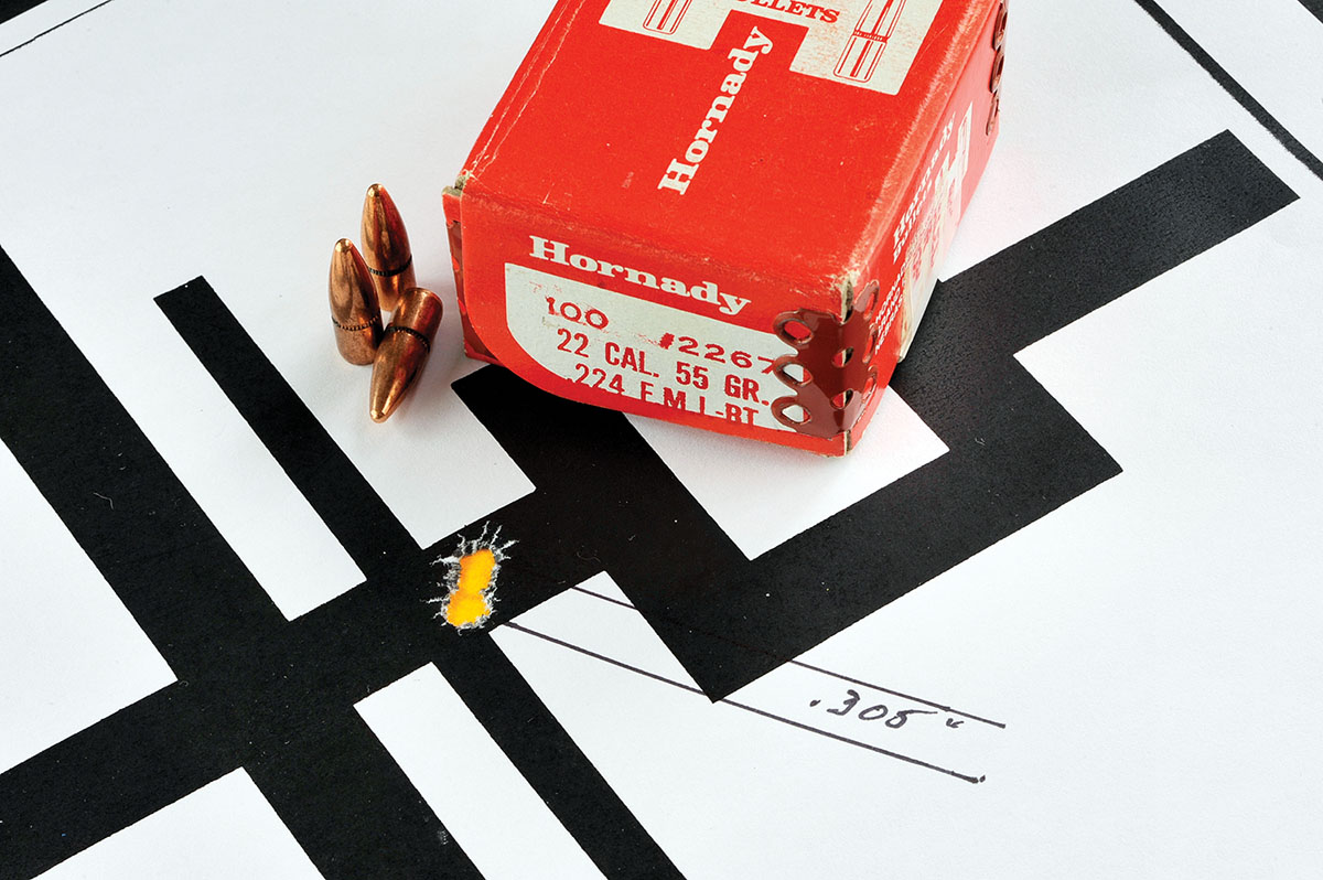 One of the best groups ever with the Rocket is this impressive .305-inch group with all shots touching at 100 yards. The load included Hornady’s 55-grain FMJ boat-tail over 42 grains of IMR-4064. Out of the three top loads, this one peaked at 4,005 fps.