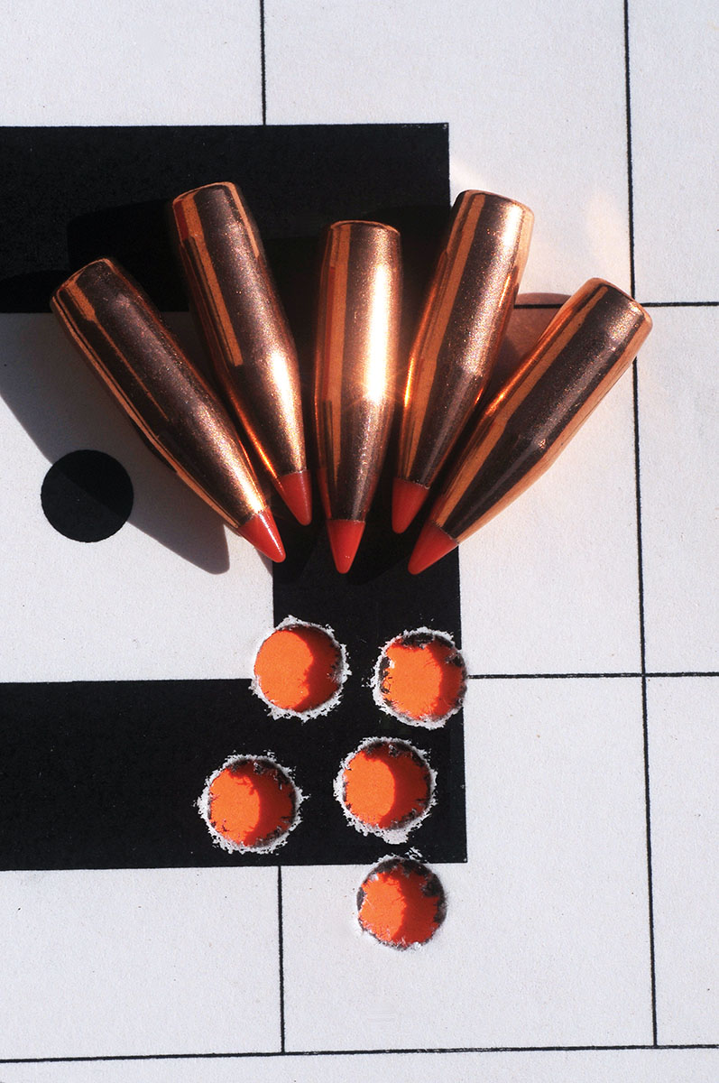 The 6mm-225 produced this .64-inch group shooting 75-grain V-MAX bullets at 3,192 fps with a load of 35 grains of Power Pro 2000-MR. Half of the groups shot were under a minute of angle with this gun.