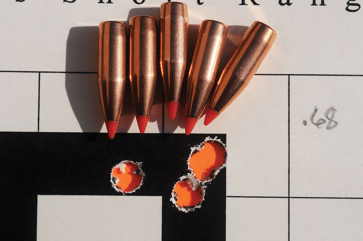 This .68-inch group was shot with 35.0 grains of Shooters World Long Rifle with the 6mm-225 Contender. Velocity was 3,102 fps. Groups like this were common with the light gun, if the barrel was given time to cool between groups.