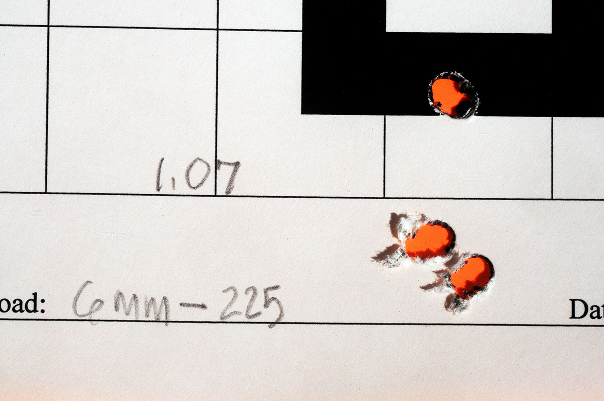 No, that’s not a six-shot group that was 1.07 inches. The 62-grain Barnes Varmint Grenades keyholed in the target at 100 yards. The long bullets simply didn’t stabilize in the 1:14 twist barrel in the 6mm-225 MGM Contender.