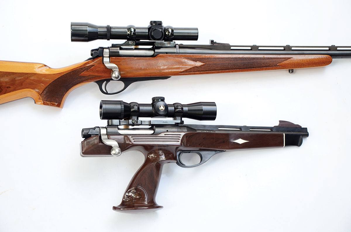 The action of the Remington XP-100 pistol in .221 Fireball is a single-shot version of the action of the Remington Model 600 (top). The one shown here is a .350 Magnum. The stock is made of Dupont Zytel which was used successfully on Remington’s “Nylon” family of .22 Rimfire rifles.