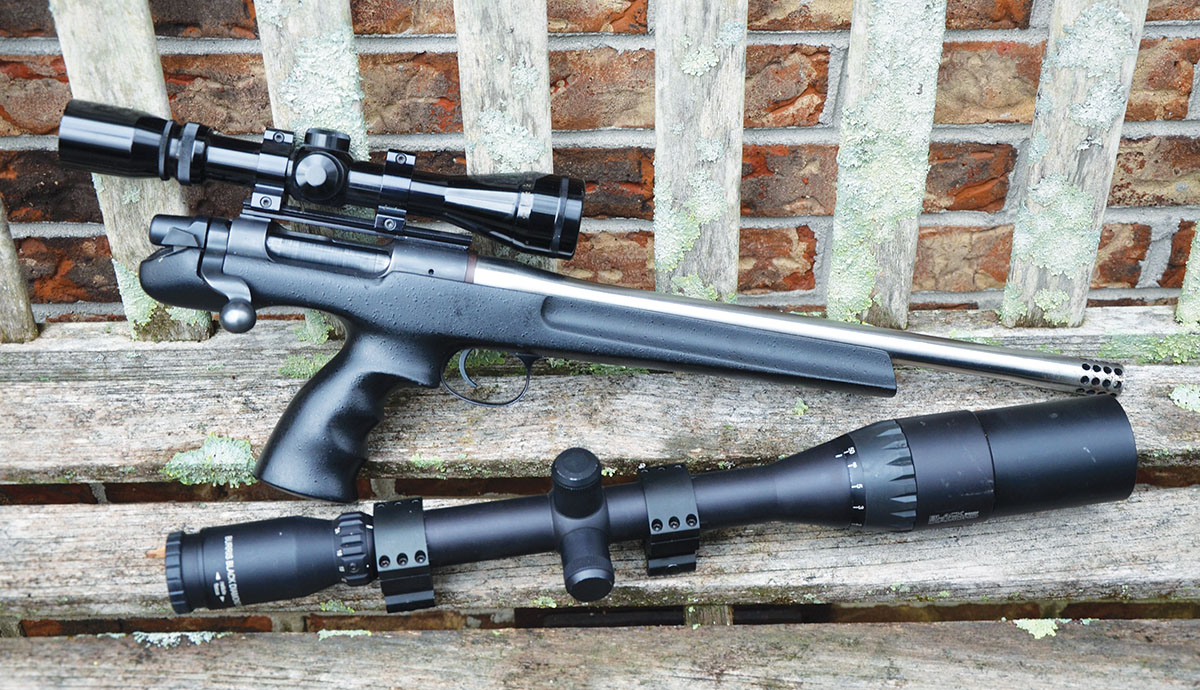 When chambered for a cartridge of fairly light recoil, a long-range handgun with a heavy barrel can be accuracy tested with a high-magnification rifle scope with standard eye relief. Add a muzzle brake, and bigger cartridges can be tested.