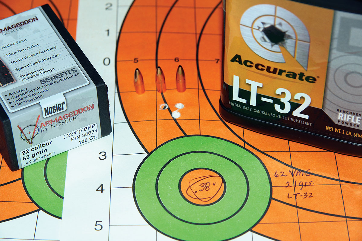 The best group assembled with the Nosler 62-grain Varmageddon, by far. It consisted of 21 grains of Accurate LT-32, for a .38-inch group at 2,718 fps. Most groups hovered around an inch with this bullet.