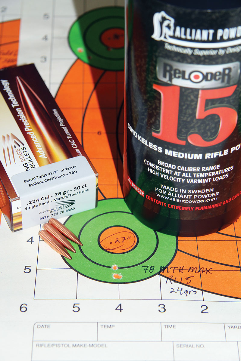Cutting Edge Bullets’ 78-grain MTH Max is long for weight due to all-copper construction. Using 24 grains of Alliant Reloder 15, it assembled a .27-inch group at 2,558 fps from an AR with 20-inch barrel.