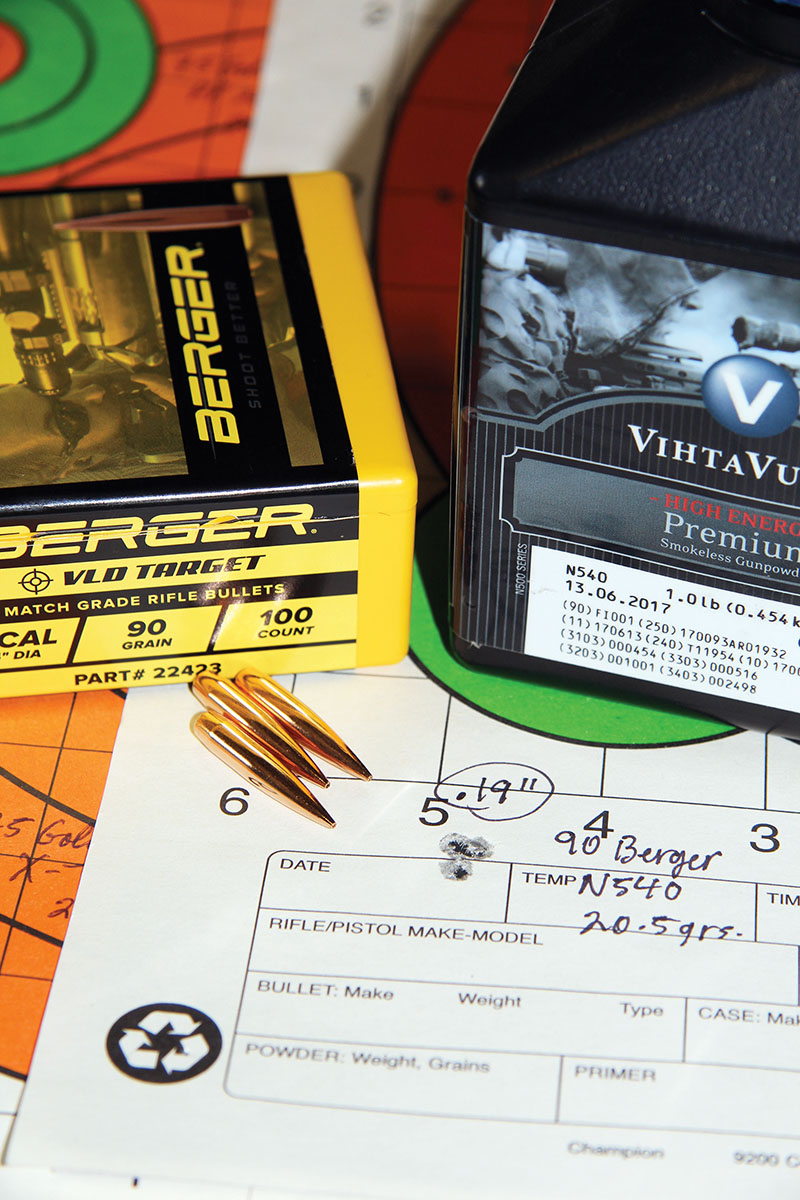 The smallest group of this test resulted from 20.5 grains of Vihtavuori N540. The group measured .19 inch and generated a 2,077 fps velocity. Berger target bullets can generally be counted on to expand on varmints.