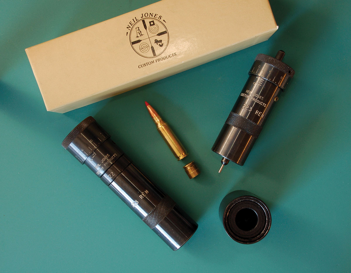 Most benchrest quality hand dies index the case off the base diameter of the cartridge case in conjunction with a “floating” neck bushing, and can be extremely versatile. In this case, Randy used .223 Remington hand dies with a spacer turned from the base of a discarded .223 Remington case to load the .221 Fireball cases.