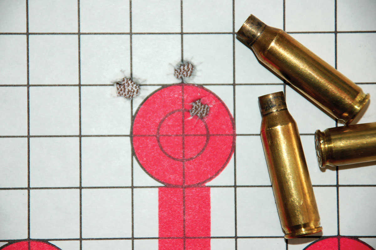 This is a typical three-shot group (.750 inch) from Randy’s XP-100 favorite load, a Sierra 40-grain BlitzKing over 17.3 grains of H-4198 with a CCI 400 primer at 2,695 fps.