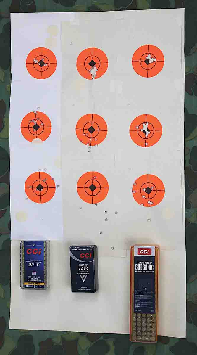 From top to bottom, these are 25-, 50- and 75-yard groups. Overall, CCI’s Suppressor HP ammunition performed best.