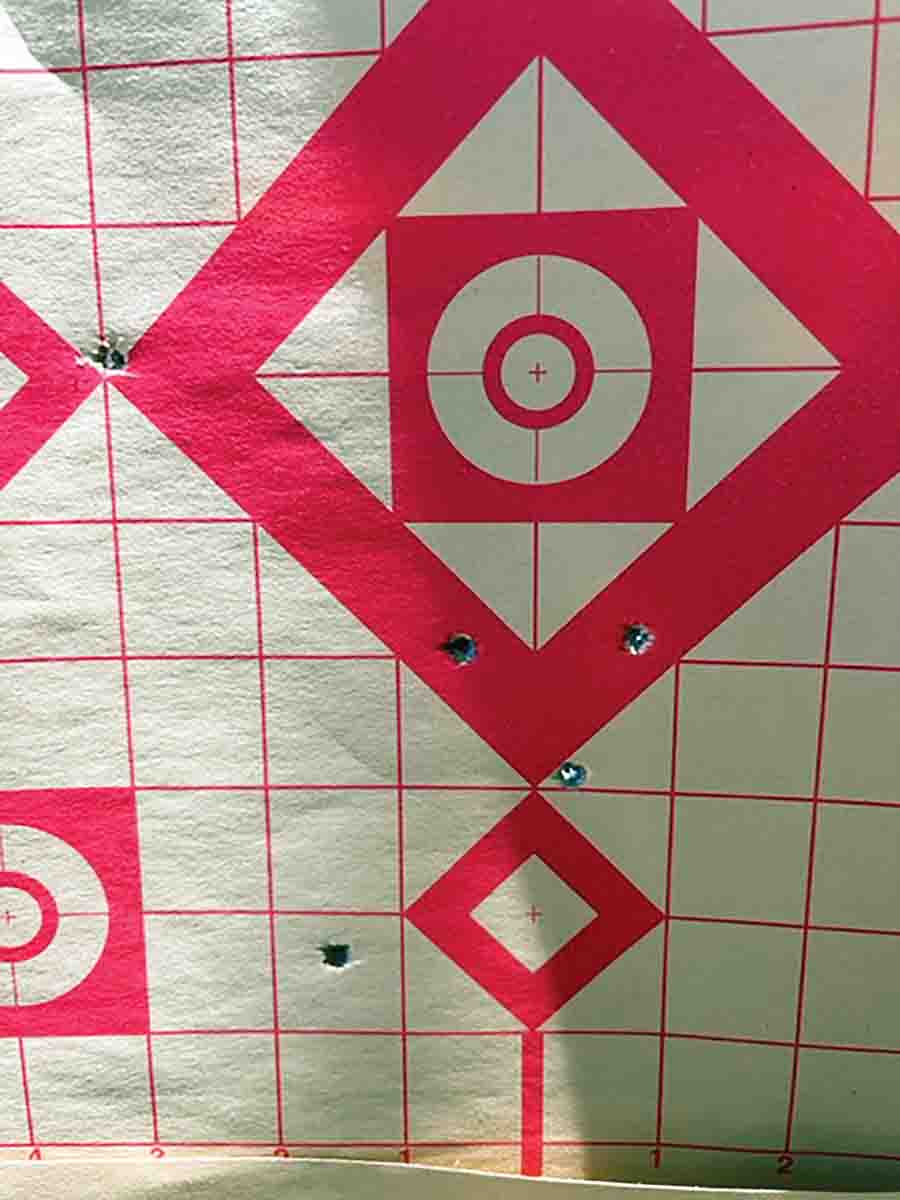 One of the five-shot groups at 25 yards that would have scored at least three hits. Shadows don’t help shooting consistency with iron sights!