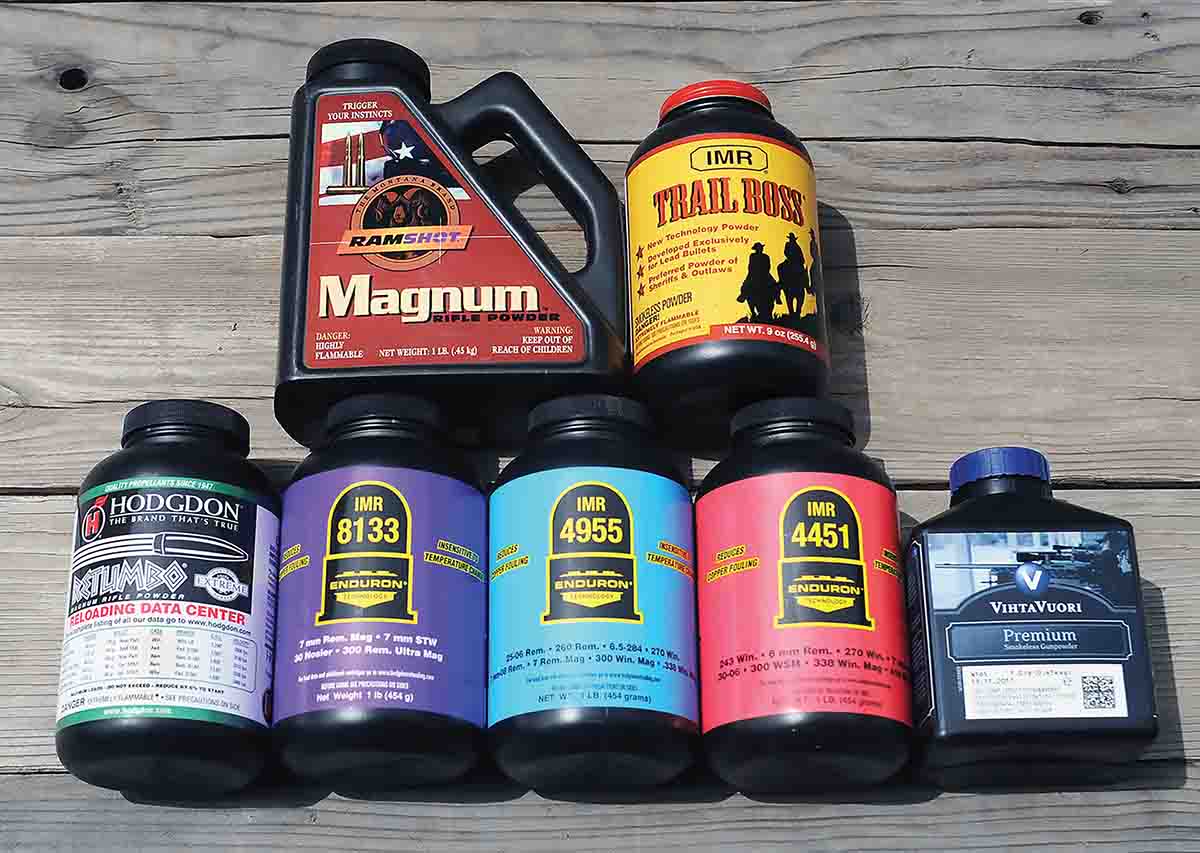 Seven powders were used in this test. Trail Boss was used for reduced, volume-shooting/plinking loads. The other powers are on the slower end of the spectrum, allowing for near-capacity or capacity loads to be developed. Retumbo and IMR-8133 produced loads with extreme spreads of 10 fps for three shots.