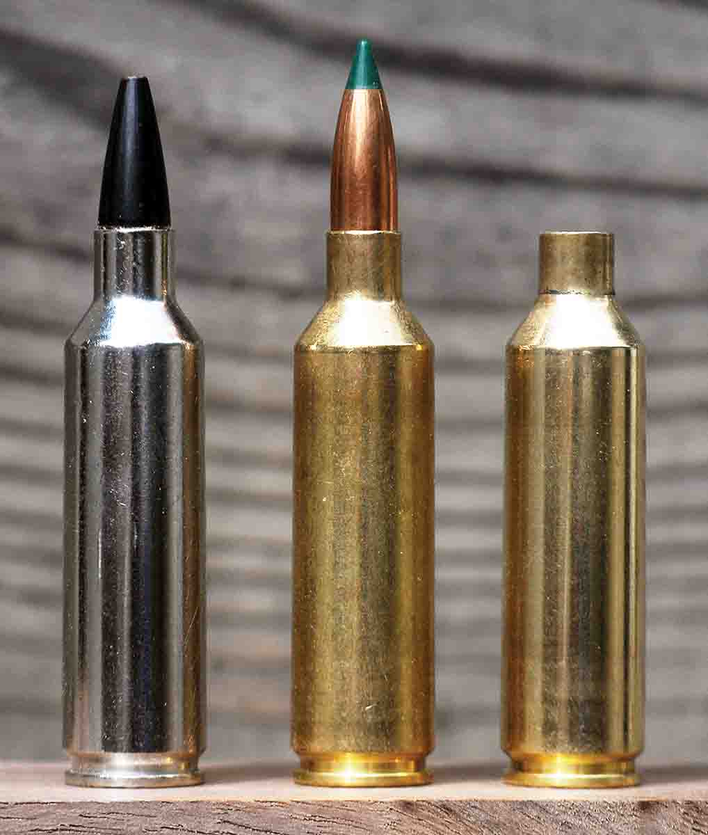 The .270 WSM (left) is the parent case for the .25-270 WSM (center and right) wildcat. The different in neck diameter is very small and almost indistinguishable. No other changes are made to the case other than sizing the neck from .27 to .25 caliber.