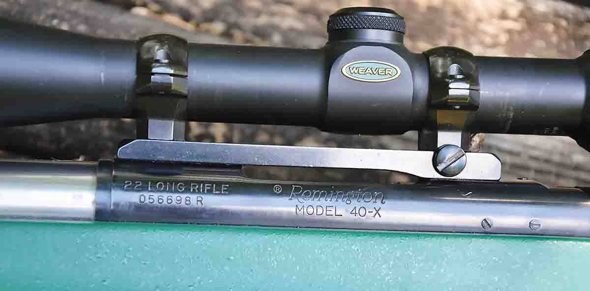 Receiver markings on most 40-XB BR centerfire rifles were applied by etching, but as illustrated here, it was roll-marked on this particular 40-XR BR in .22 Long Rifle.