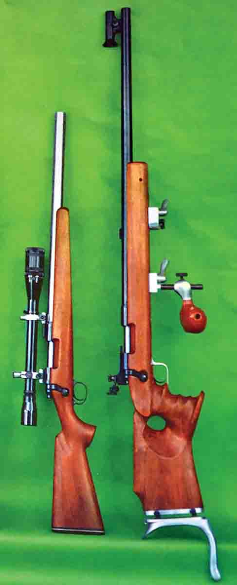 A page from the 1969 Remington catalog shows two variations of the 40-XB: left, a Model 40-XB  BR (Bench Rest) 222 Remington, with a  Remington 20X scope; and right, a Model 40-XB International Free Rifle 222 Remington with  Redfield Olympic Sights.