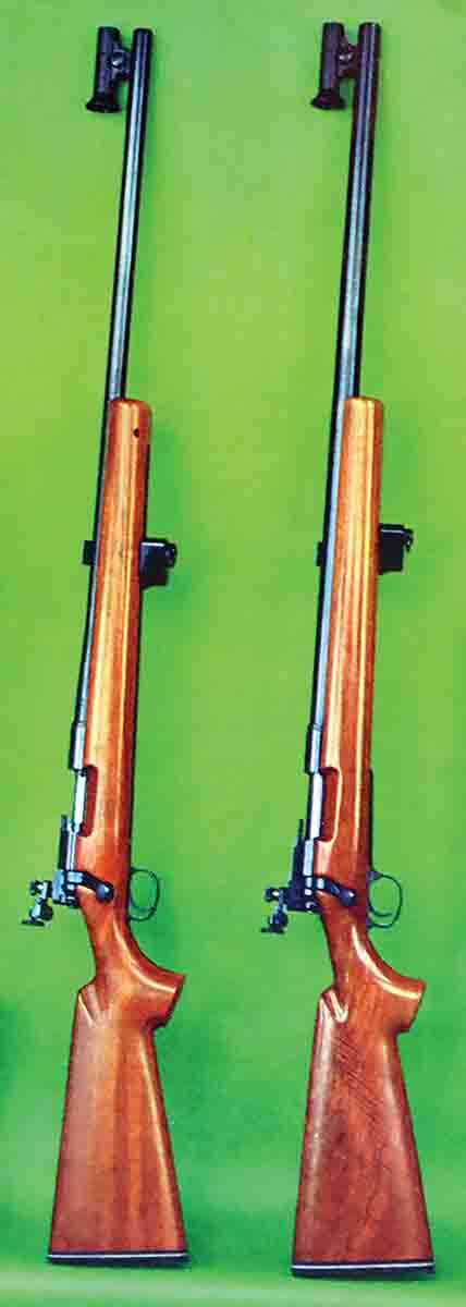 In addition to various centerfire cartridges, the 40-XB Target was available in a .22 Long Rifle (left). Except for a different bolt and receiver, it was identical to the 40-XB Target in 7.62mm NATO (right). Both have Redfield Olympic sights.