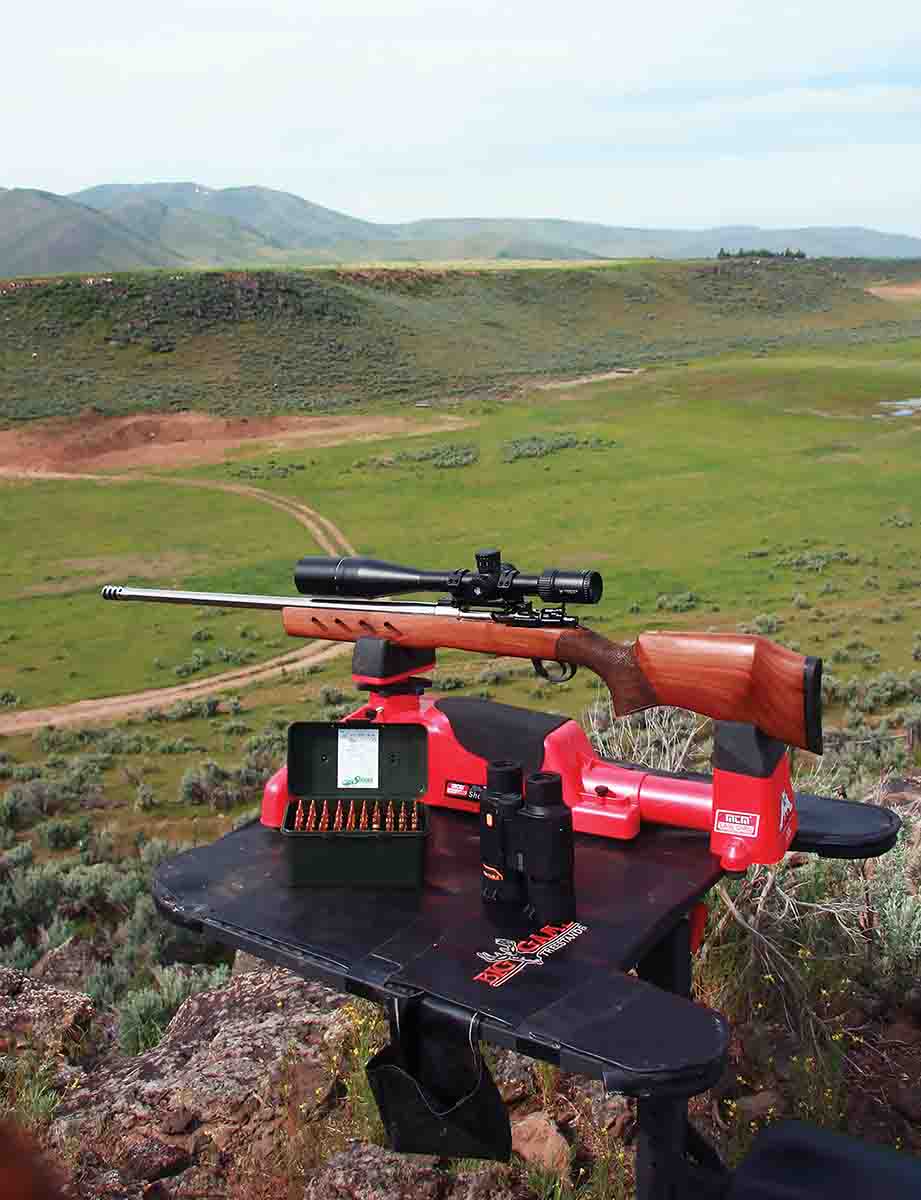 Patrick’s .22-250 rifle used for testing, was built around a Mauser 98 action and included a heavy, stainless-steel varmint barrel and a crisp, Timney replacement trigger.