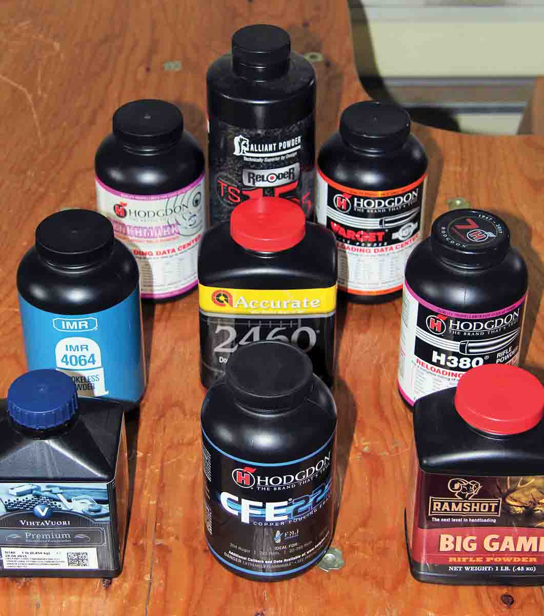 Powders used for both classic and modern .22-250 Remington bullet loads included (left to right, front to rear): (Patrick’s favorites) Vihtavuori N140, Hodgdon CFE 223 and Ramshot Big Game; (classics) IMR-4064, Accurate A-2460 and Hodgdon H-380; (modern) Hodgdon Benchmark, Alliant Reloder TS 15.5 and Hodgdon Varget.