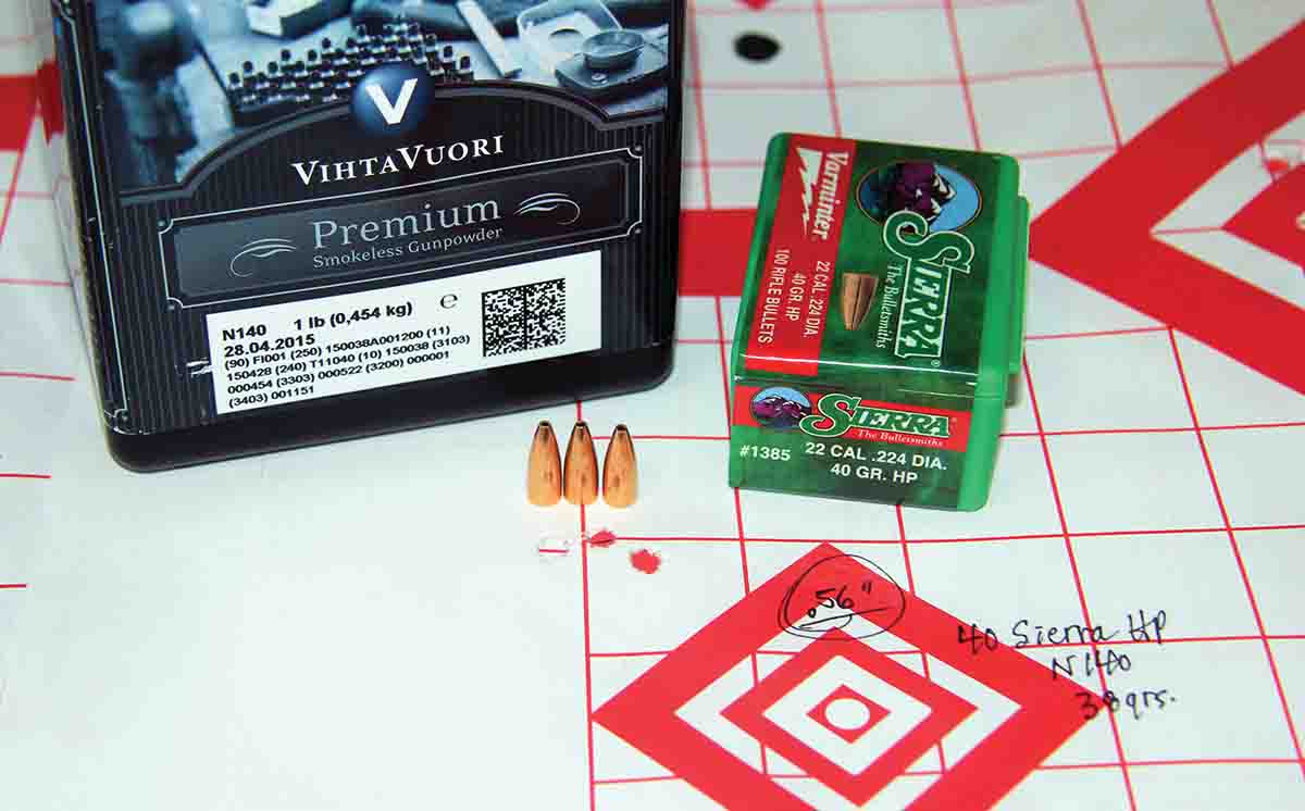Patrick’s favorite .22-250 powder, Vihtavuori N140, produced this .56-inch group beneath Sierra’s 40-grain Varminter Hollow Point using 38 grains of powder, with a velocity of 4,111 fps.