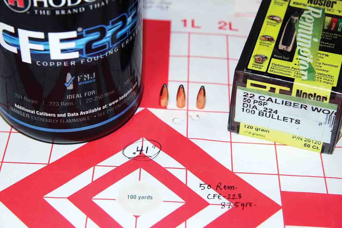 Remington’s 50-grain PSP, seated over 37.5 grains of Hodgdon CFE 223, posted this .41-inch group and an average velocity of 3,542 fps.