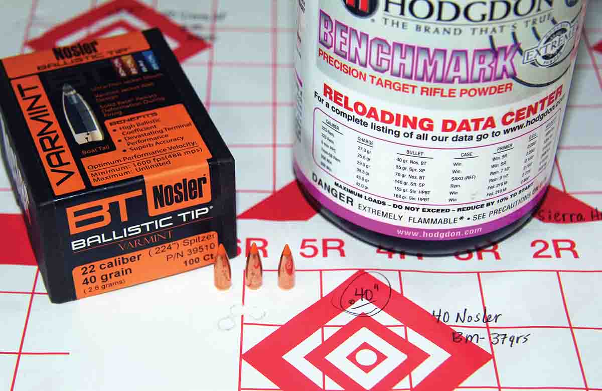 Nosler's 40-grain Ballistic Tip Varmint, seated over 37 grains on Hodgdon Benchmark, printed this .40-inch group at a blazing 4,202 fps.