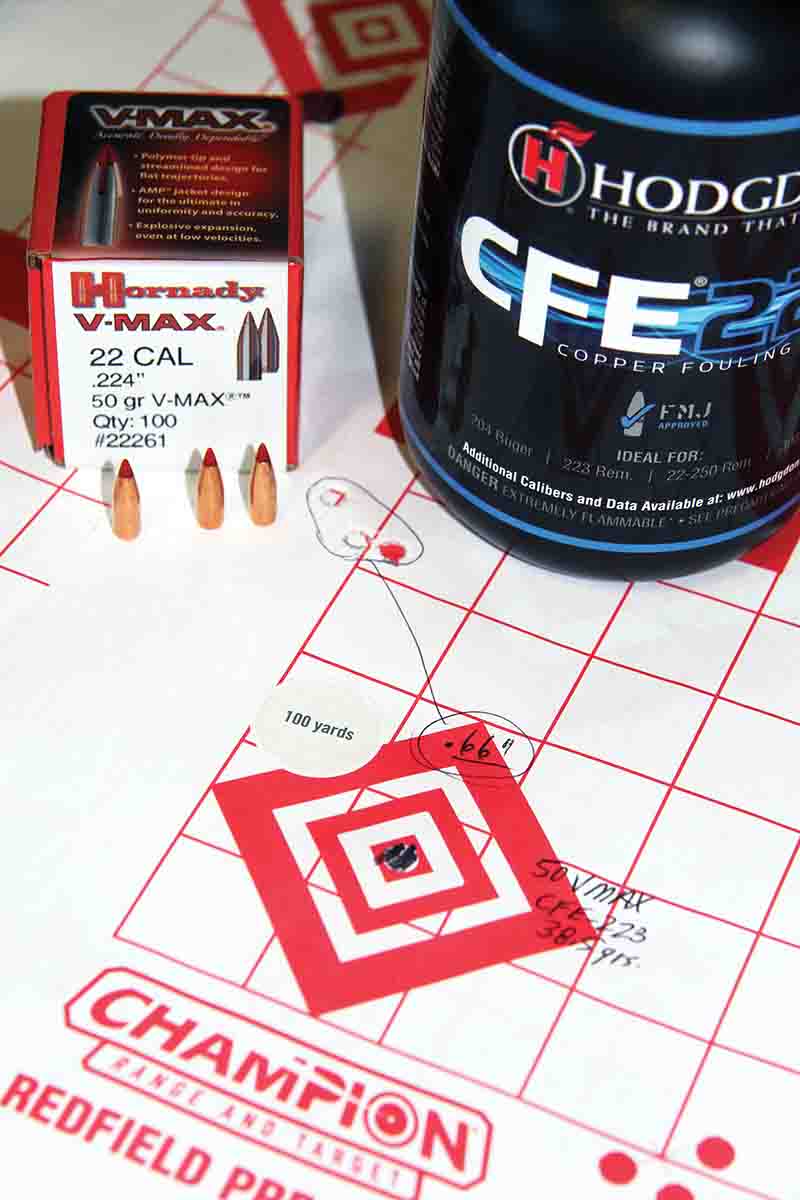 Patrick’s rifle didn’t seem to care for Hornady’s 50-grain V-MAX, perhaps due to the rifle’s ultra-slow 1:14 rifling twist. It managed just .66 inch at 3,722 fps using 38.5 grains of Hodgdon CFE 223.