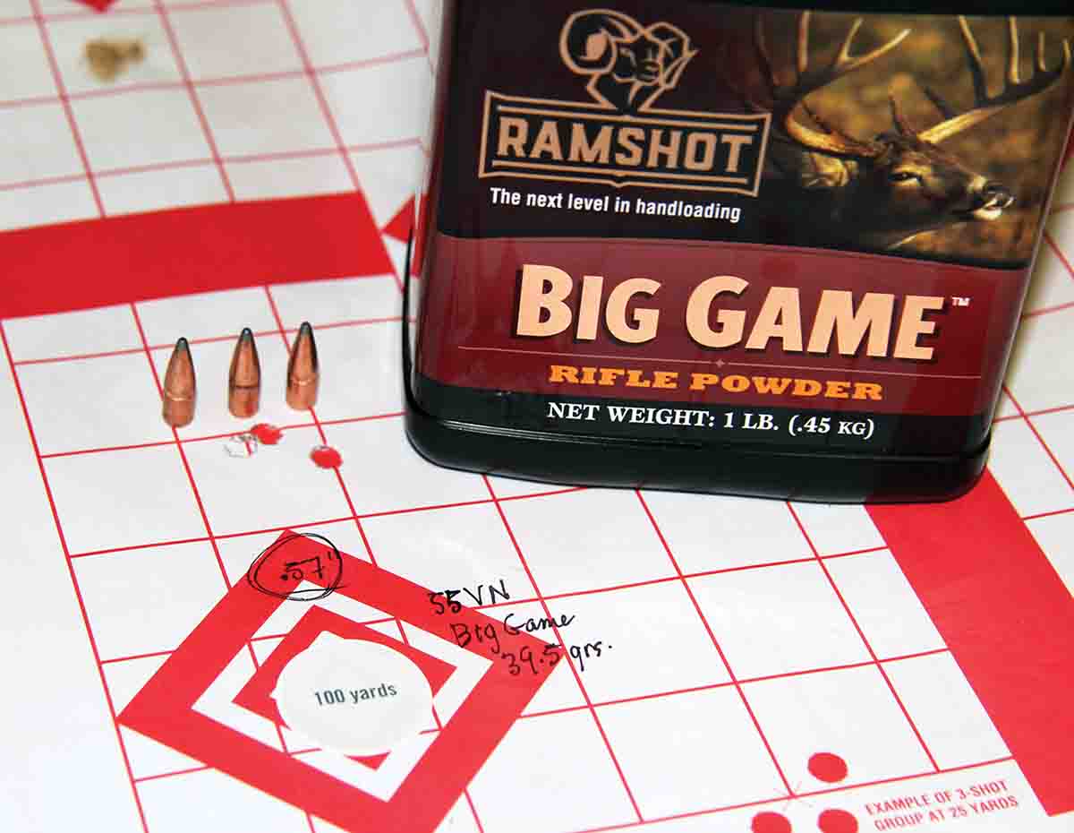 Midsouth Shooters Supply’s 55-grain Varmint Nightmare BTSP paired well with 39.5 grains of Ramshot Big Game, printing .57 inch at an impressive 3,650 fps.