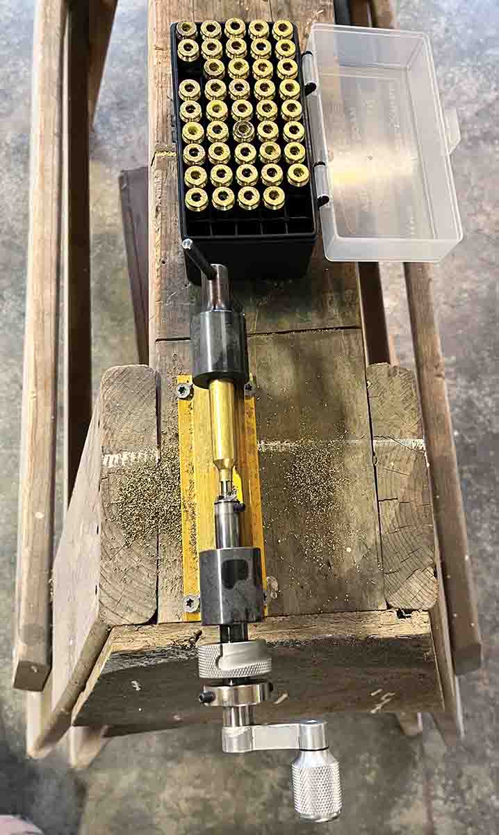 After necking Lapua and Nosler 6.5-284 Norma cases to .224 caliber, they required reaming to allow loaded cartridges to chamber in Patrick’s custom 22-284 Winchester rifle.