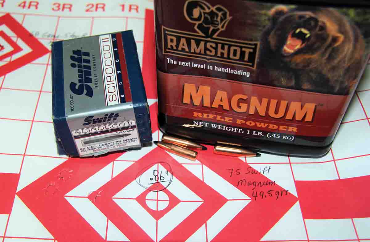 Patrick’s rifle struggled with Swift’s 75-grain Scirocco II, its best showing was .86 inch, resulting from 49.5 grains of Ramshot Magnum with a velocity of 3,415 fps.