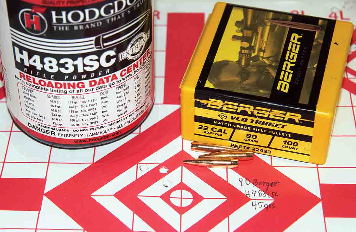 Berger’s 90-grain VLD Target and 45 grains of Hodgdon H-4831sc produced that bullet’s best group of .64 inch at 3,091 fps.