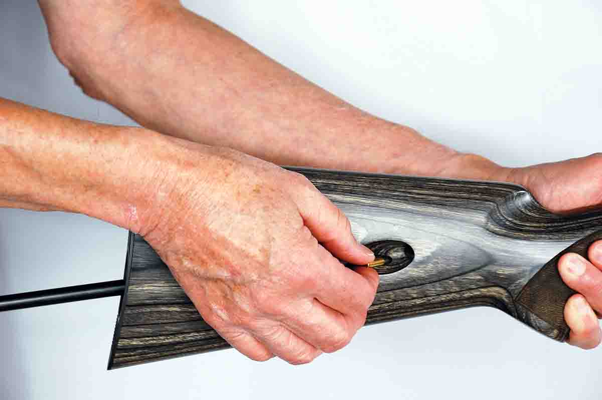 Located in the buttstock, the 10-round magazine contributes to safe gun- handling. Hunting jackrabbits in the winter, Randy’s cold-numbed fingers find the SA-22 magazine much easier to load than the detachable box magazines found on many rimfire rifles.