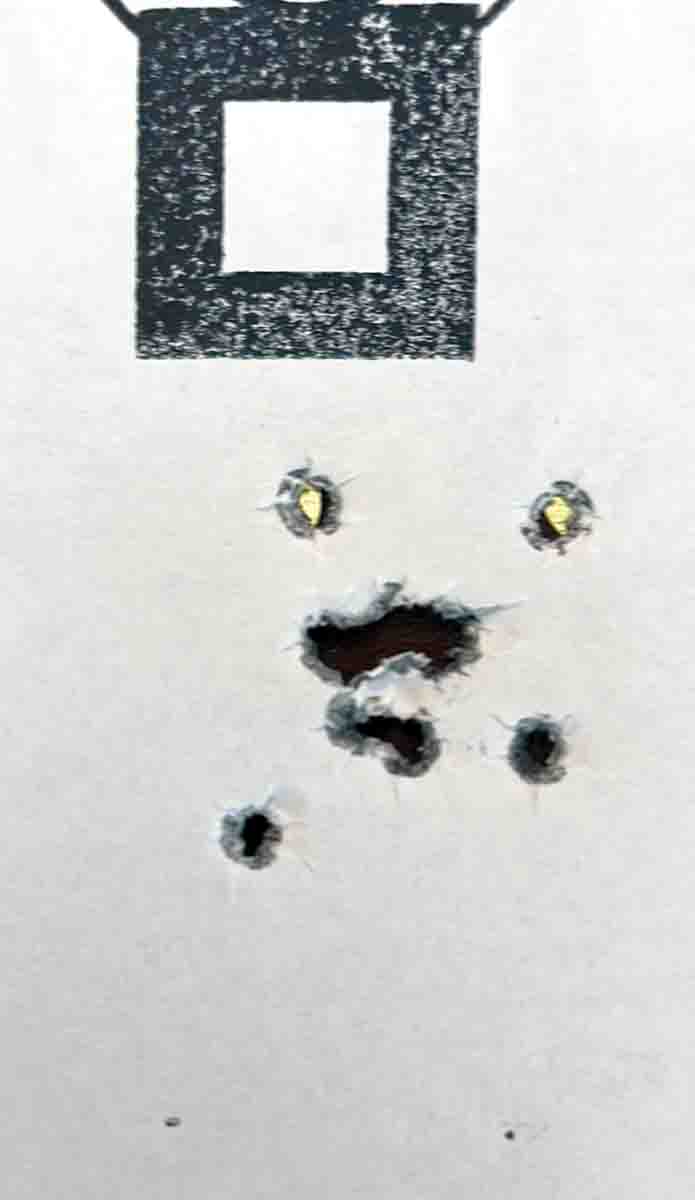 While Lapua Center-X edged out Green Tag for the best overall 10-shot, 50-yard group, Randy believes that had he not forgotten his wind flags, that Green Tag may well be the most consistent ammunition in this particular rifle. Six shots grouped into a very respectable 50-yard group of .376 inch.