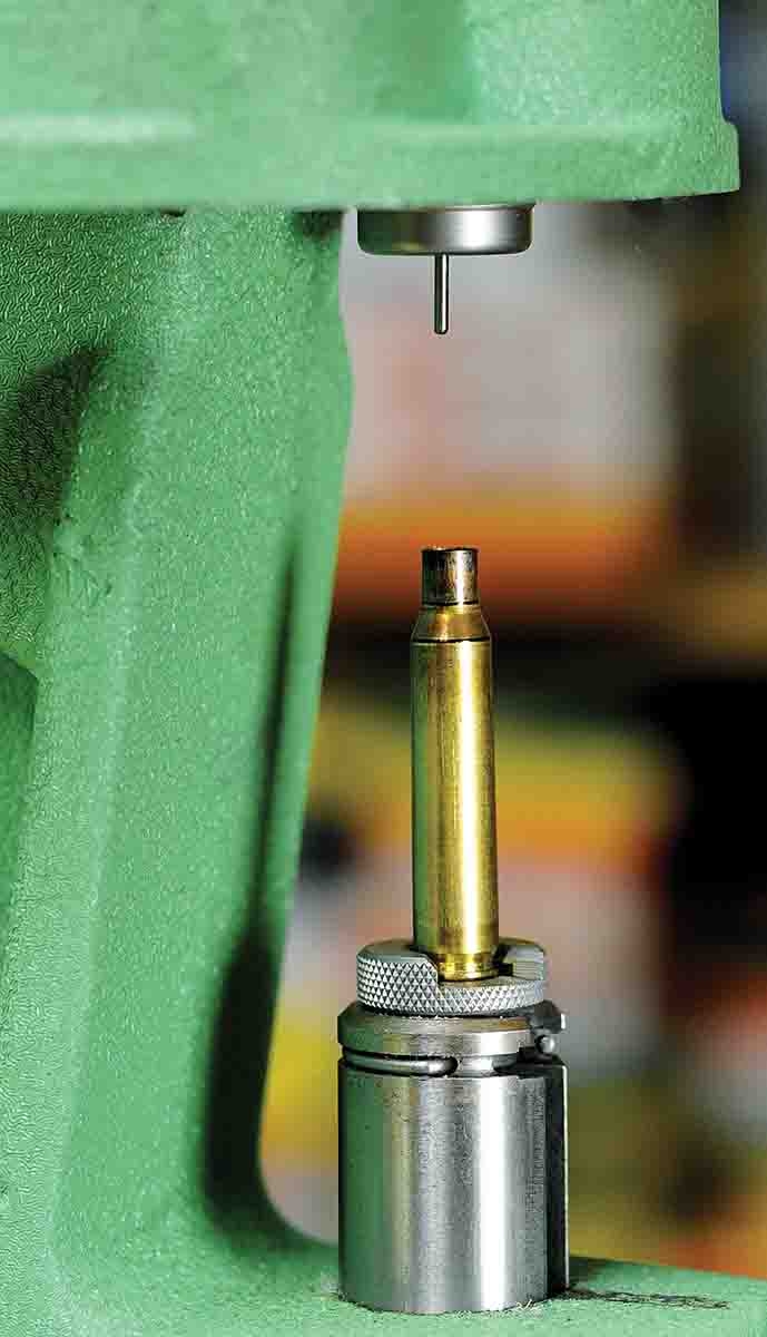 When reloading this .22-caliber magnum version, I found it easy to handle in the press when sizing, priming, loading and topping off with a bullet. Due to its shape, like a miniature .30-06 cartridge it feeds perfectly in the rifle.