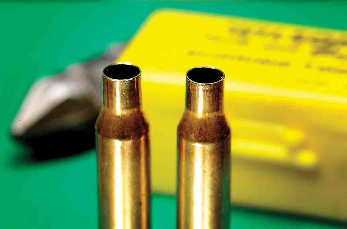 Although it might be a bit hard to see here, the case on the right has been chamfered on both the interior and exterior of the mouth: the inside to seat the bullet easier; the outside for better feeding and chambering in the rifle.