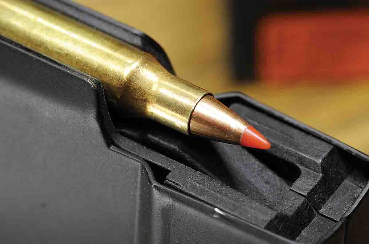 After seating the bullet, it is always a good idea to place the round in the magazine to see if it will clear the forward lip without problems. Stan had to cut back  the overall length by a few thousandths of an inch from the Sporting Arms and Ammunition Manufacturers’ Institute (SAAMI) specifications because bullets of this type were not feeding smoothly.
