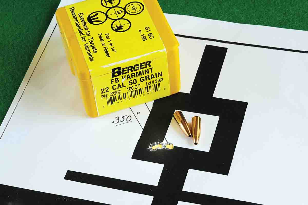 Always trying for the elusive one-hole group, examples like this come pretty darn close! Looking much like a cloverleaf pattern, this handload with a Berger 50-grain flatbase varmint bullet hit a curt .350 inch in addition to the third best velocity at 3,364 fps, making it the best group tested that day.