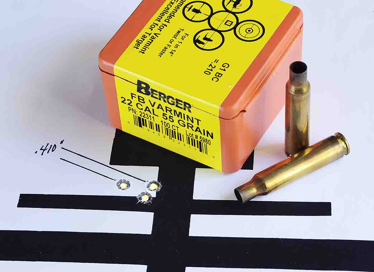 It seems Berger bullets and Hodgdon’s H-4895 powder hit it off just right. Second place went to this 55-grain entry over 26 grains of H-4895 for a .410-inch group with 3,238 fps.