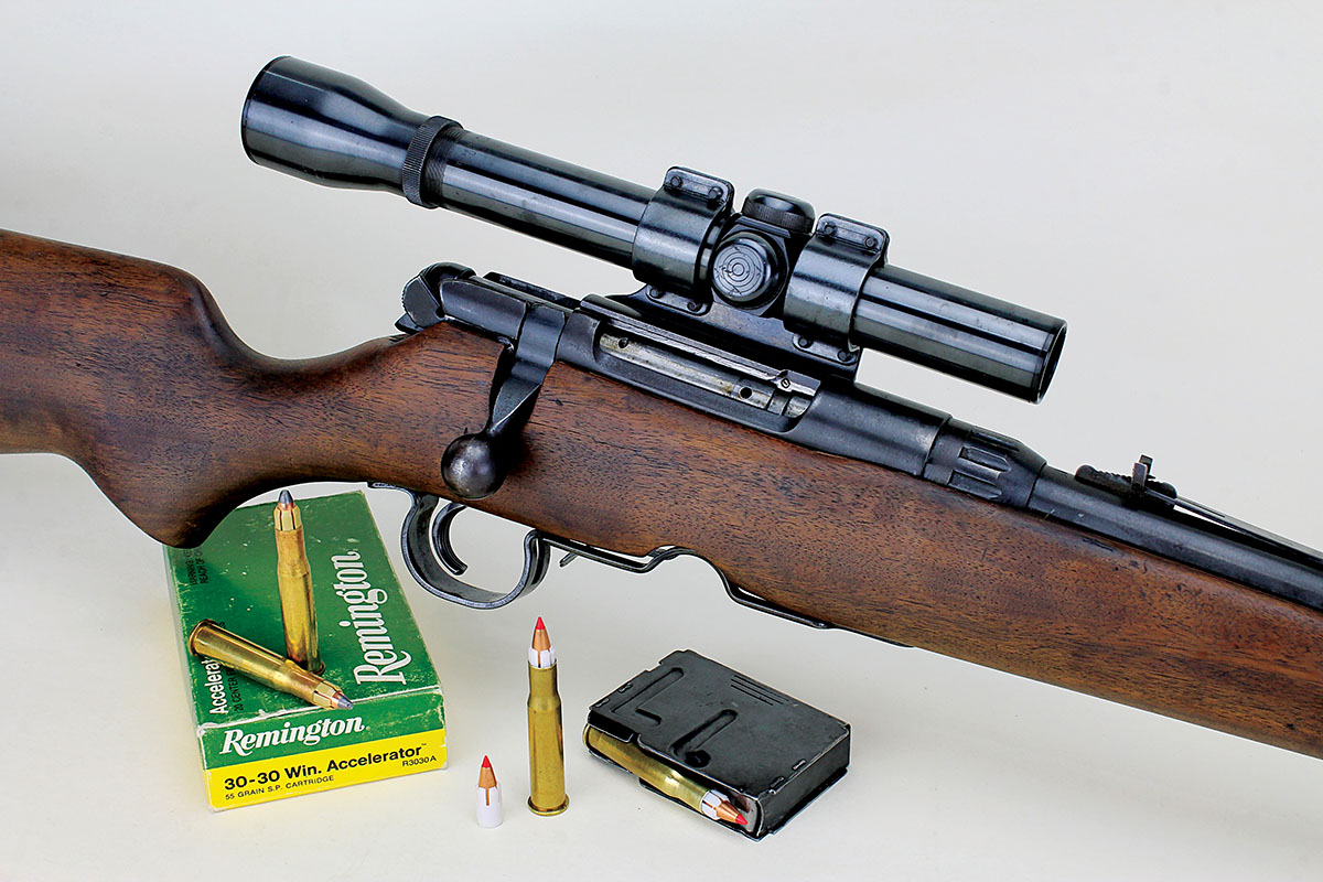 A .22-caliber sabot kit from E. Arthur Brown Company can step up .30-30 Winchester velocity into varminting territory.