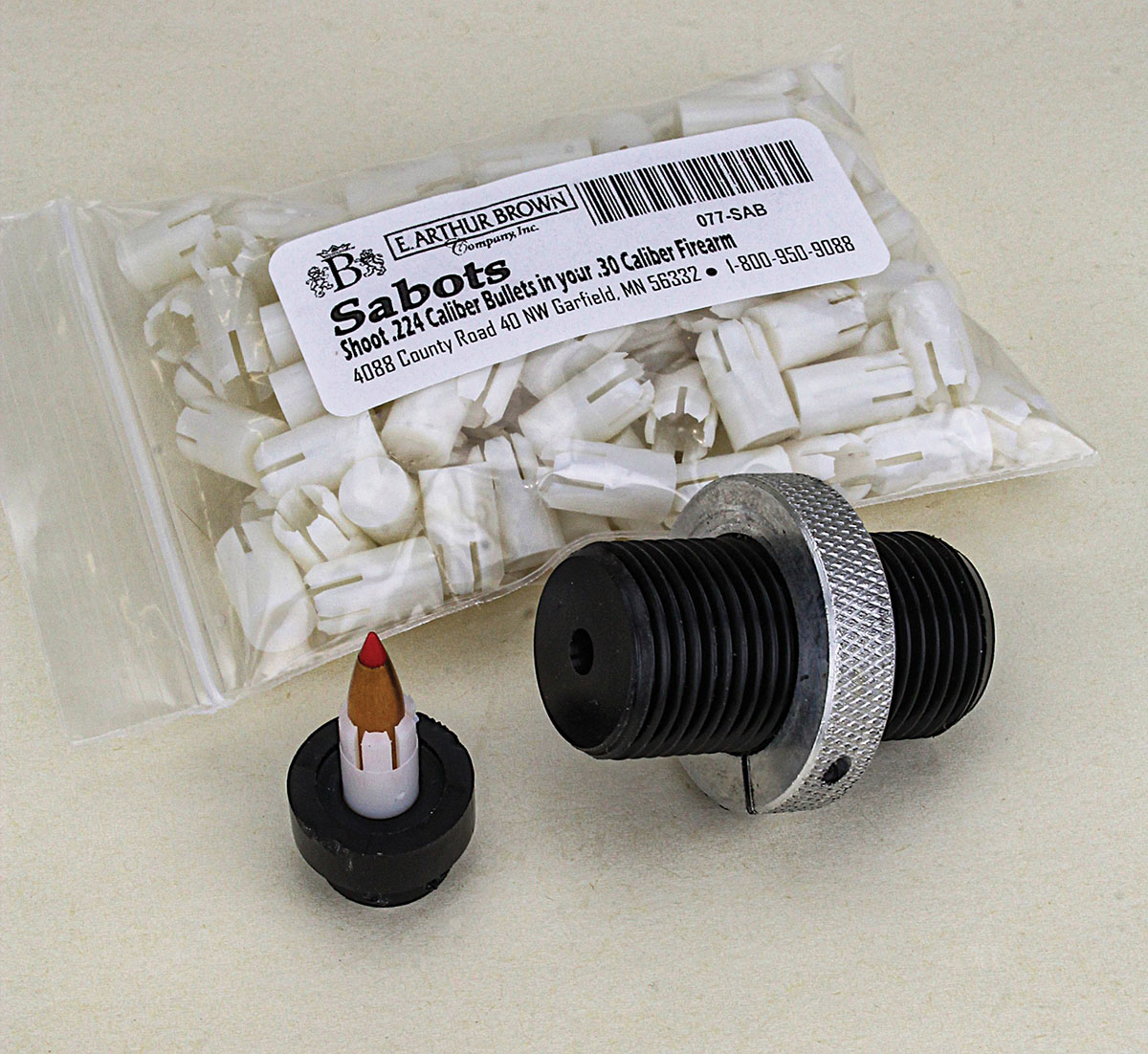 E. Arthur Brown Company’s $29.95 kit comes with 100 sabots, a sabot holder for the loading press and a die for seating bullets in the sabots. The die does not include the locking ring.