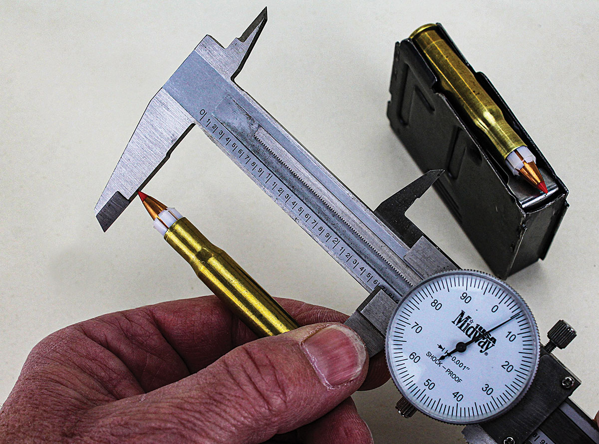 With bullets properly bottomed in the sabots, seating depth was adjusted for maximum to feed through the Savage 340B box magazine.