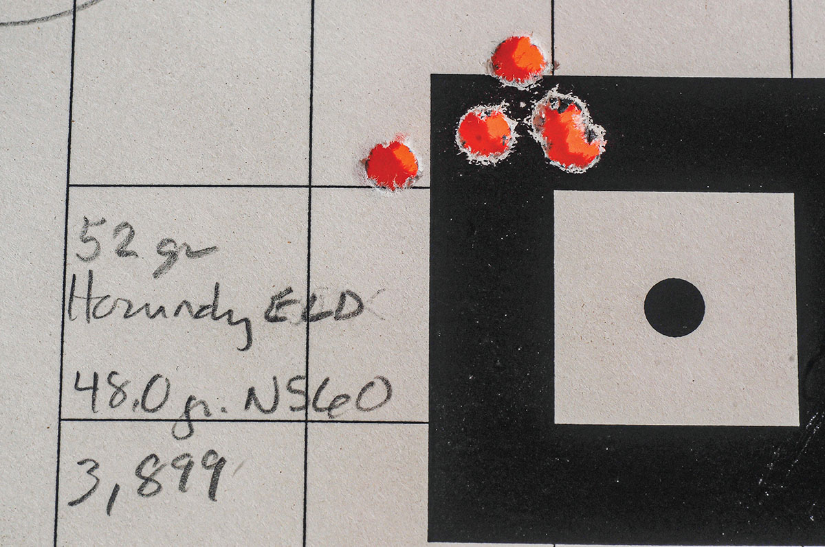 The .223 WSSM built on a Model 70 action and Douglas barrel was capable of excellent accuracy as this .77-inch group shows. This load featured a Hornady 52-grain ELD Match bullet ahead of 48 grains of Vihtavuori N560 powder. It zipped along at 3,900 fps.